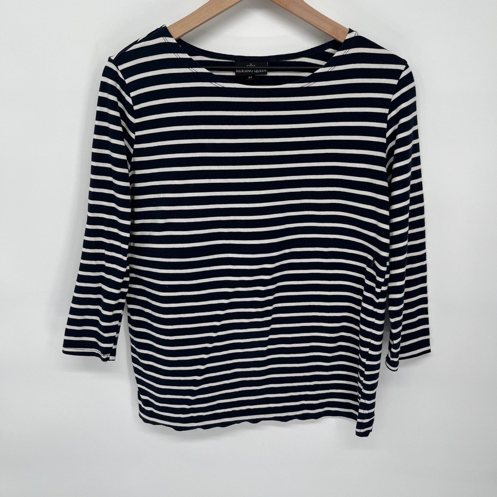 Nursing Queen Striped Nursing Top Women Medium Blue White 3/4 Sleeve Zipper